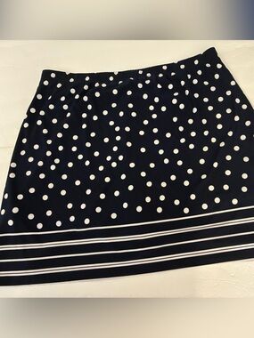 Susan Graver Liquid Knit Skirt L Navy/white Dots Modest Preppy Stretch Comfort